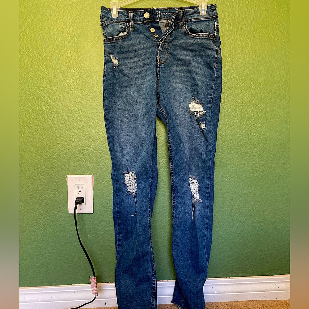 High-rise blue ripped jeans
